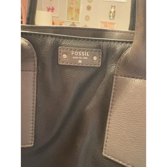 Vintage FOSSIL Genuine Grey/Black/Tan Leather Tote Shoulder Office Handbag - Picture 5 of 6